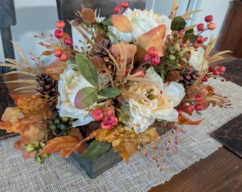 Fall Centerpiece, Arrangement for Dining Table, End Foyer, Mantle, Fall Cream Peony, Autumn Leaves, Thanksgiving, Limited Edition 12