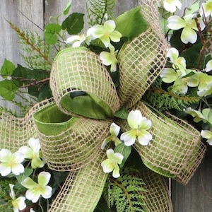 Bow for Wreath, BOW ONLY, Burlap and Faux Silk Wreath Bow, Everyday Green Natural Burlap Mesh