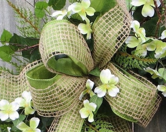 Bow for Wreath, BOW ONLY, Burlap and Faux Silk Wreath Bow, Everyday Green Natural Burlap Mesh