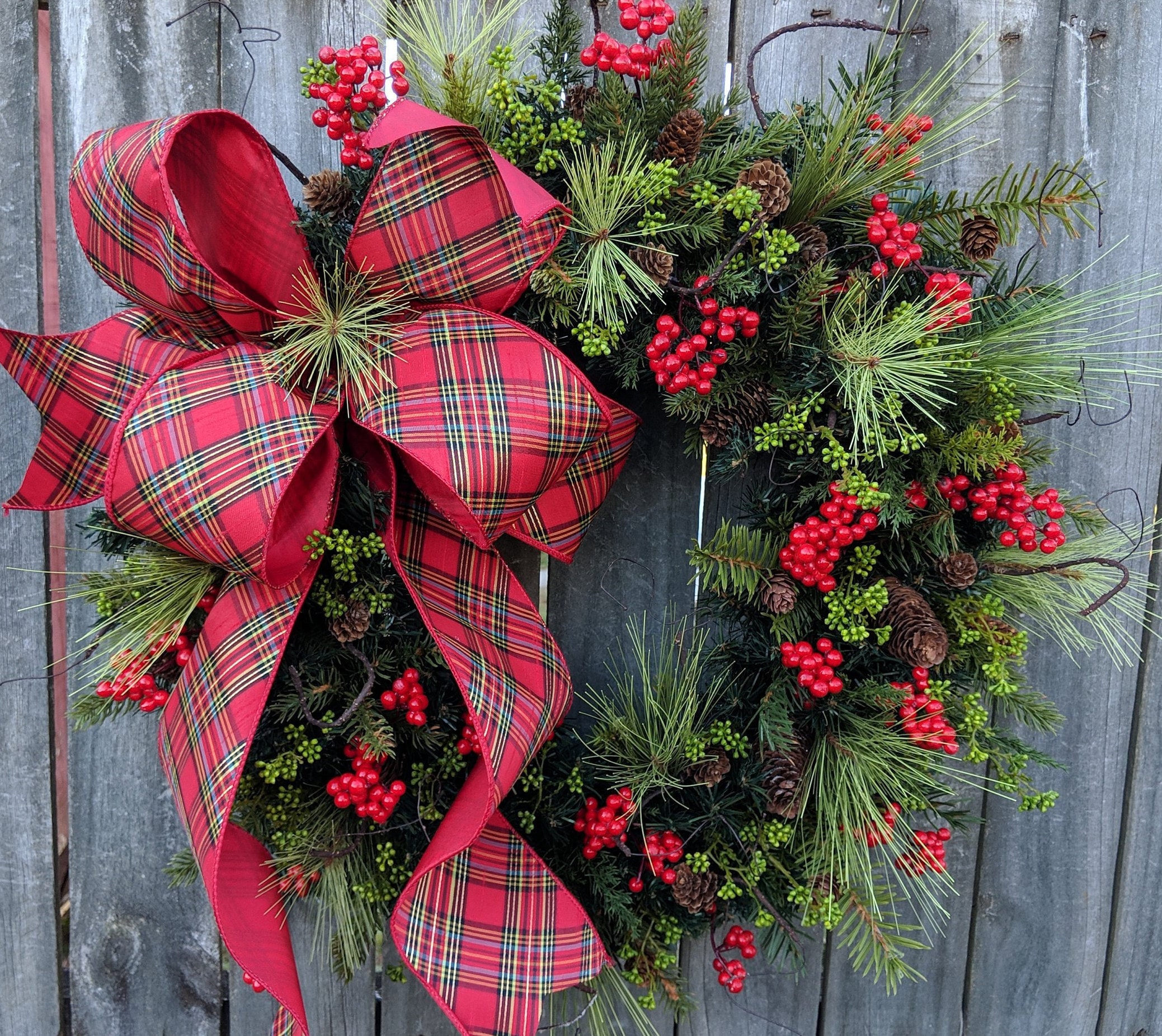 Christmas Wreath Holiday Wreath Plaid Bow Touch of Gold Wreath