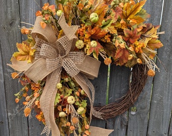 Fall Wreath, Wreath for Fall / Autumn, Harvest Wheat Fall Wreath, Fall Door Wreath, Halloween Door Wreath, Horn's 412