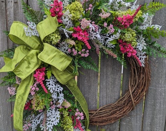 Door Wreath, Spring Door Wreath, Pink, Green Flowers Wreath, Front Door Wreath, Mothers Day Gift, Wreath LIMITED EDITION LE dusty miller