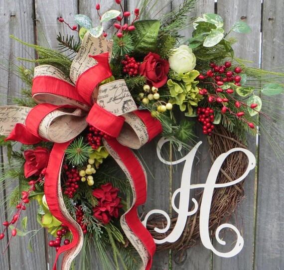 Christmas Grapevine Wreath Rose Hydrangea Wreath Merry | Etsy