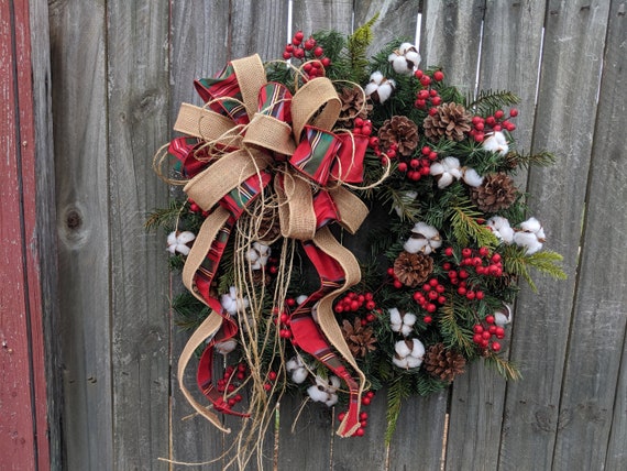 Primitive Christmas / Holiday Wreath - Cotton, Burlap Textures, Twine, Unique Burlap Wreath, Plaid, Berries Designer Holiday Decor