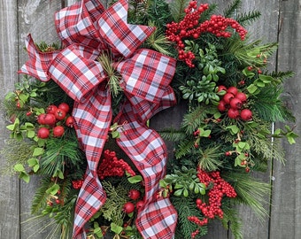 Christmas Wreath, READY TO SHIP, Plaid Winter Wreath, Black and Red Plaid Natural Farmhouse Christmas wreath Sparkle Holly, Red Berries 2023
