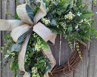 Wreath, All Seasons Wreath, Greenery Wreath for Winter, Summer, Spring Fall, Touch of Blue Wreath, Year long Wreath, Front Door Wreath 380