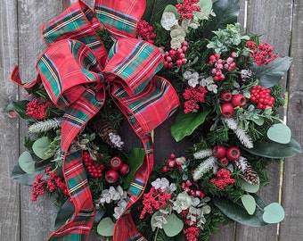 Christmas Wreath, Holiday Wreath, Frosted Berries Wreath, Magnolia, Plaid Bow Front Door Wreath, Front Door, Christmas Wreath 364