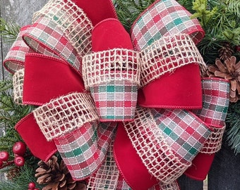 Christmas Bow Only- Christmas bow for Door Wreath, Country Christmas, Farmhouse Christmas Wreath Bow, Red Green Burlap, Large Bow