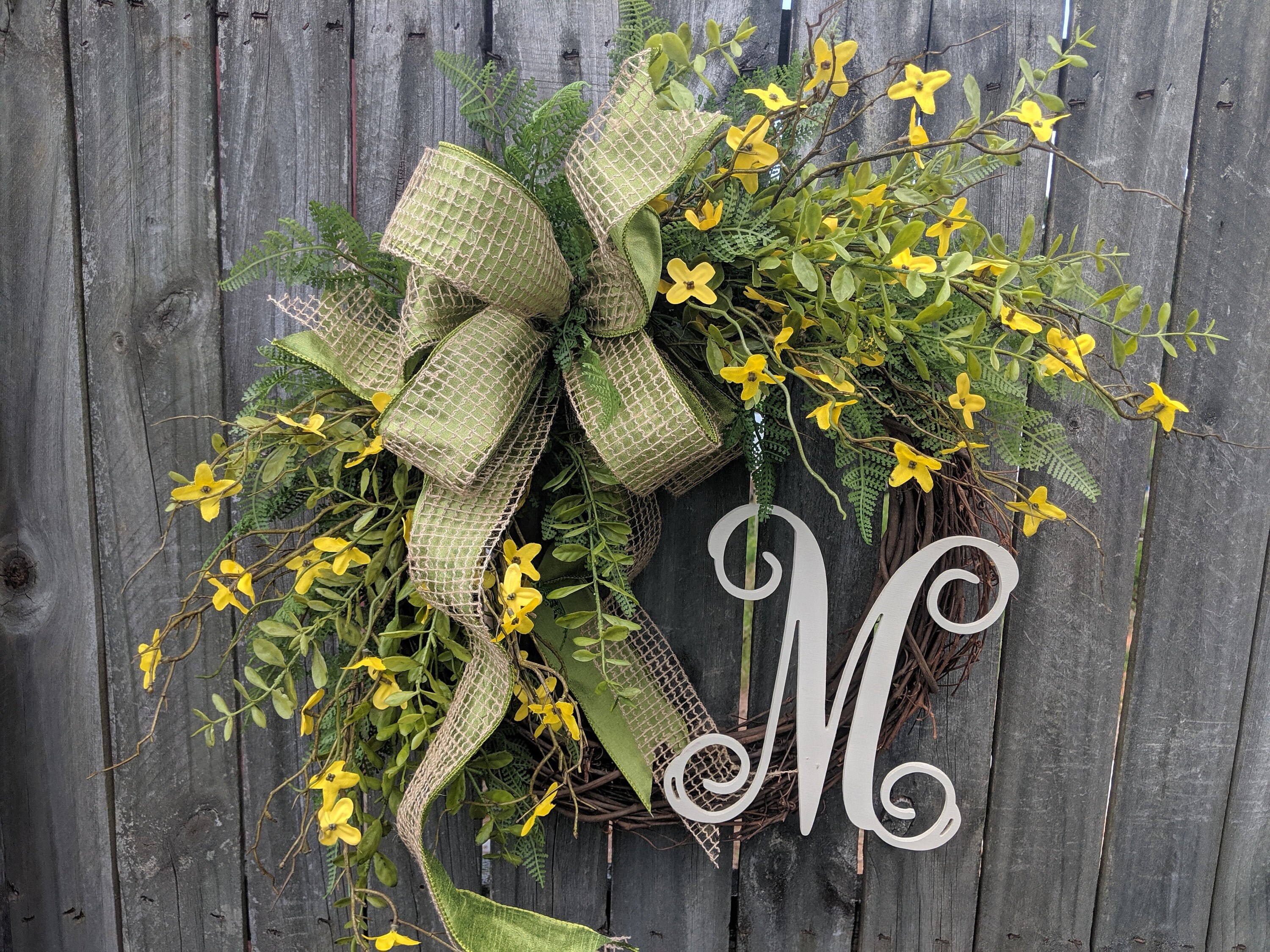 Spring wreath Tan and white buffalo check bow Yellow and orange wreath Summer Wreath Forsythia and mixed flowers