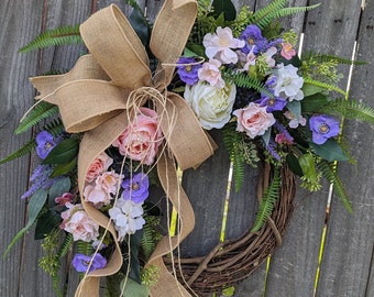 Spring Wreath, Spring/Summer Wreath, Spring Wreath blush coral, Wreath, Summer Garden Wreath, Navy Rose Wreath, Spring Door Wreath 268burlap