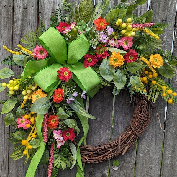 Corona floral de primavera, lazo de lino verde brillante, decoración para la puerta principal 392