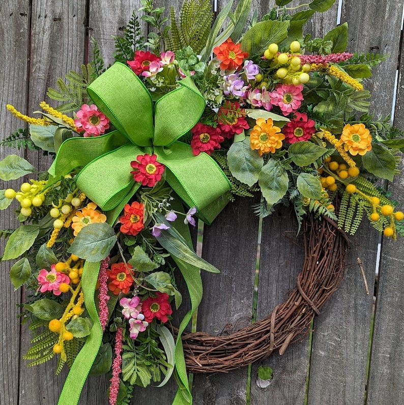 Floral Spring Wreath, Bright Green Linen Bow, Front Door Decor 392 - Etsy