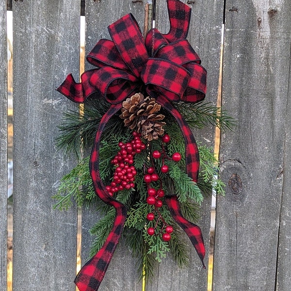 Christmas Swag, Small Berry Swag, Buffalo Check Lantern Swag, Swag with Berries, Evergreen, Aisle Decor Christmas Wedding