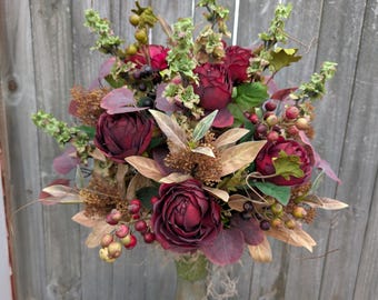 Memorial Vase Arrangements, Deep Red Burgundy Rose, Unisex, Vase Cone Insert Filler, For Man, Woman, Fall, Winter