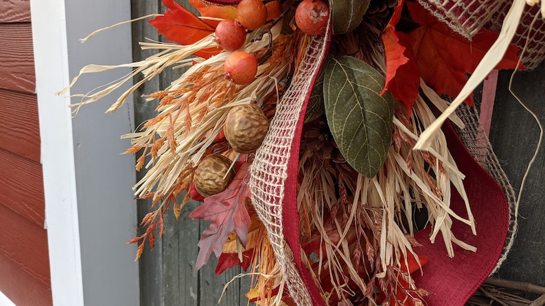 Fall Wreath, Fall Scarecrow Wreath, Fall Leaf Wreath, Fall burlap Wreath, Halloween Harvest Thanksgiving Wreath, Walnuts, Berry 241sku image 2