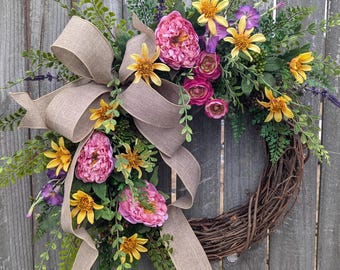 Spring Wreath, Pink Peony, Yellow Daisy Door Wreath, Front Door Decor, Front Door Wreath, Wreath for Spring and Summer, Realistic Wreath 429
