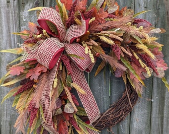 Fall Wreath, Wreath for Fall / Autumn, Harvest Wheat Fall Wreath, Burgundy Fall Door Wreath, Halloween Door Wreath, Horn's 2023
