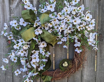 Spring Wreath, Spring/Summer Wreath, Dogwood Spring Wreath, Wreath, White Bloom Wreath, Spring Door Wreath, bird nest 265