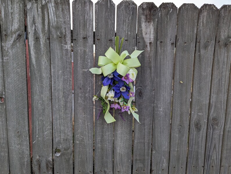 Spring Swag, Mini Swag, Bright Green Bow with Clematis, Swag for chair back, Purple Swag, Aisle Décor, Spring Wedding, Lantern Swag image 9