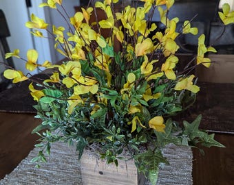 Forsythia Arrangement, Centerpiece, Forsythia Crate Arrangement Yellow Bell, Farmhouse Centerpieces,  Spring Table Mantle Arrangement