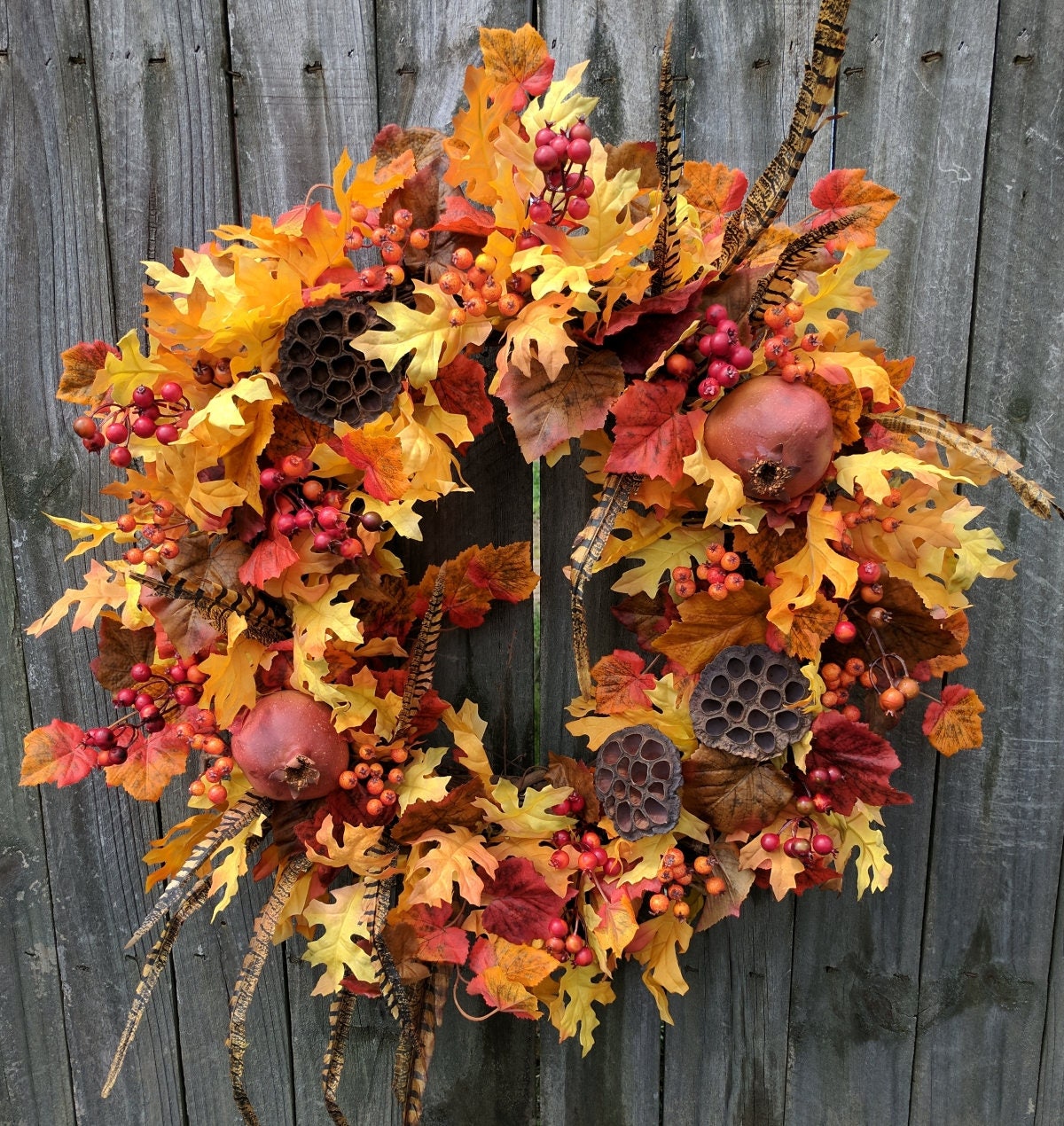 Fall Wreaths Autumn Feathers and Pomegranate Wreath Fall Oak Leaves 