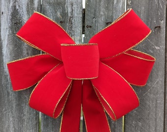 Red / Gold Bow, Christmas Wreath Bow, Window Bow, Red Gold Indoor/ Outdoor Christmas Wreath Bow, Velvet - Finish Ribbon Bow