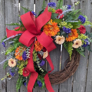 Spring Wreath, Spring Orange Wreath, Deep Purple Daisies Wreath, Front Door Wreath, Mothers Day Gift, Wreath for Spring, Wreath 331