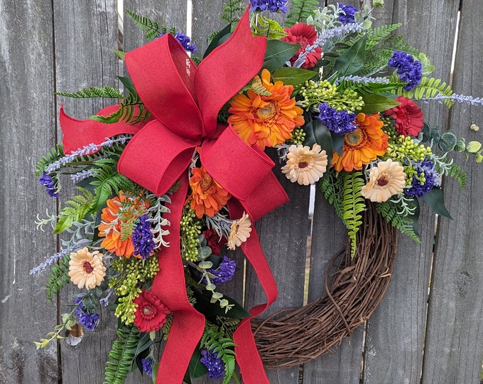 Featured listing image: Spring Wreath, Spring Orange Wreath, Deep Purple Daisies Wreath, Front Door Wreath, Mothers Day Gift, Wreath for Spring, Wreath 331