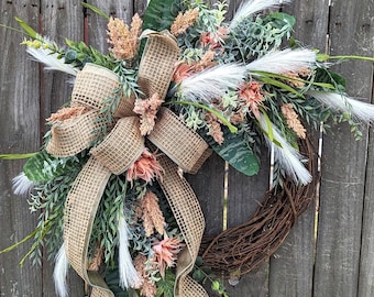 Everyday Spring and Summer Wreath, Coastal Beach Wreath,  With Pampas Grass, Spring Wreath, Summer Wreath, Front Door Wreath 397