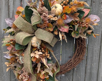 Fall Wreath, Fall Pumpkin Wreath, Fall Magnolia Leaf Wreath, Fall Green Bow Wreath, Berries Wheat Door Wreath, Halloween Thanksgiving 421