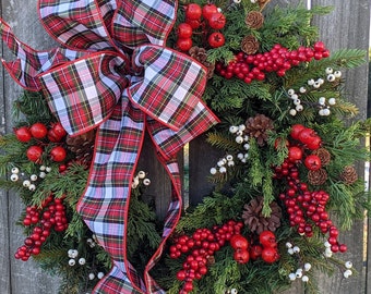 Christmas Wreaths /READY TO SHIP Holiday Door Wreath, Natural White Berry Christmas Wreath, Christmas Wreath, Plaid Wreath 251sku