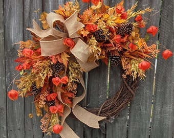 Fall Door Wreath, Lantern, Fall Bow, Wired Fall Burlap Bow, Halloween Wreath, Fall Decoration, Eucalyptus Fall Wreath, Orange 235