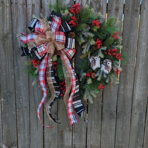 Christmas Wreath, Holiday Wreath, Owl Wreath, Black, White Plaid ribbon, Front Door Wreath, Front Door, Red Berries, Christmas Wreath 304 image 7