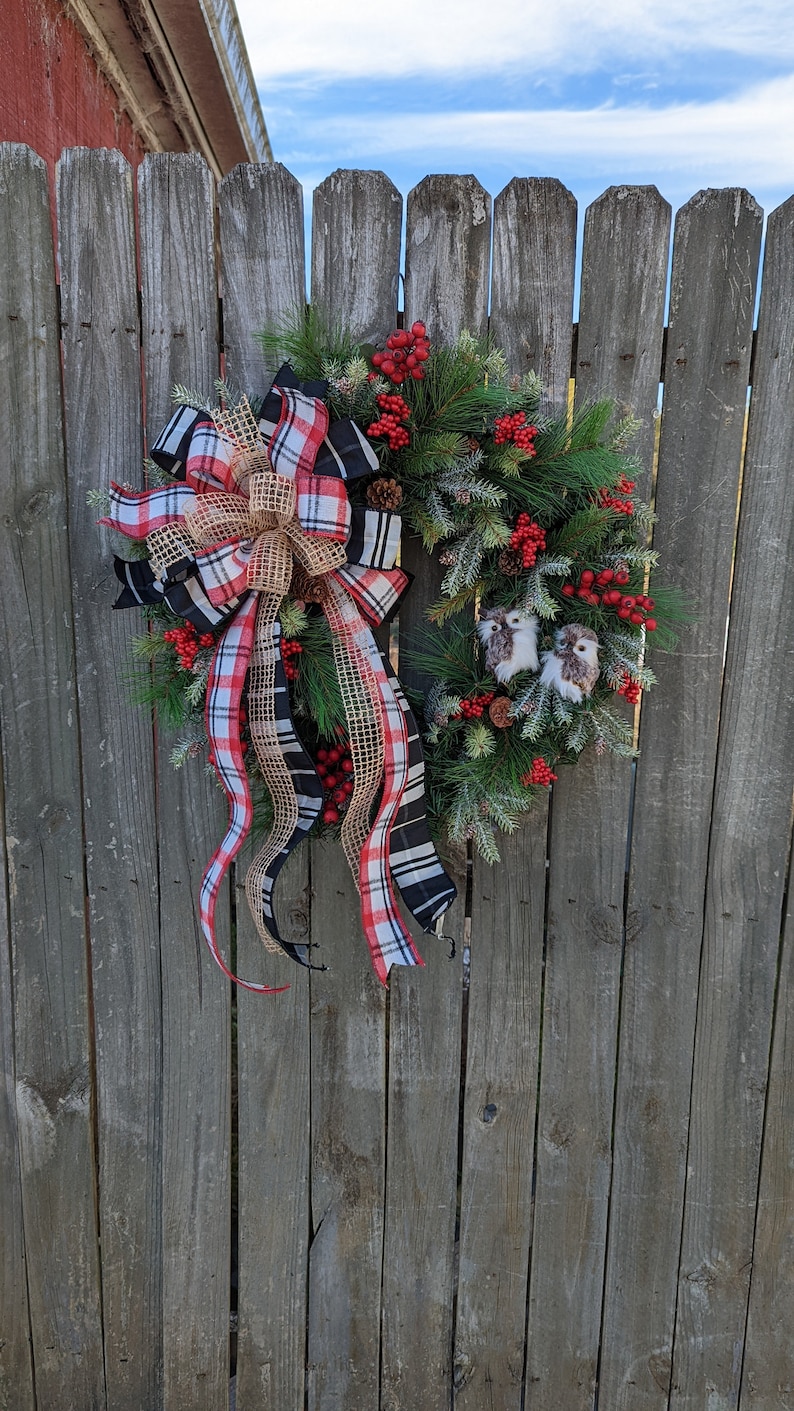 Christmas Wreath, Holiday Wreath, Owl Wreath, Black, White Plaid ribbon, Front Door Wreath, Front Door, Red Berries, Christmas Wreath 304 image 7