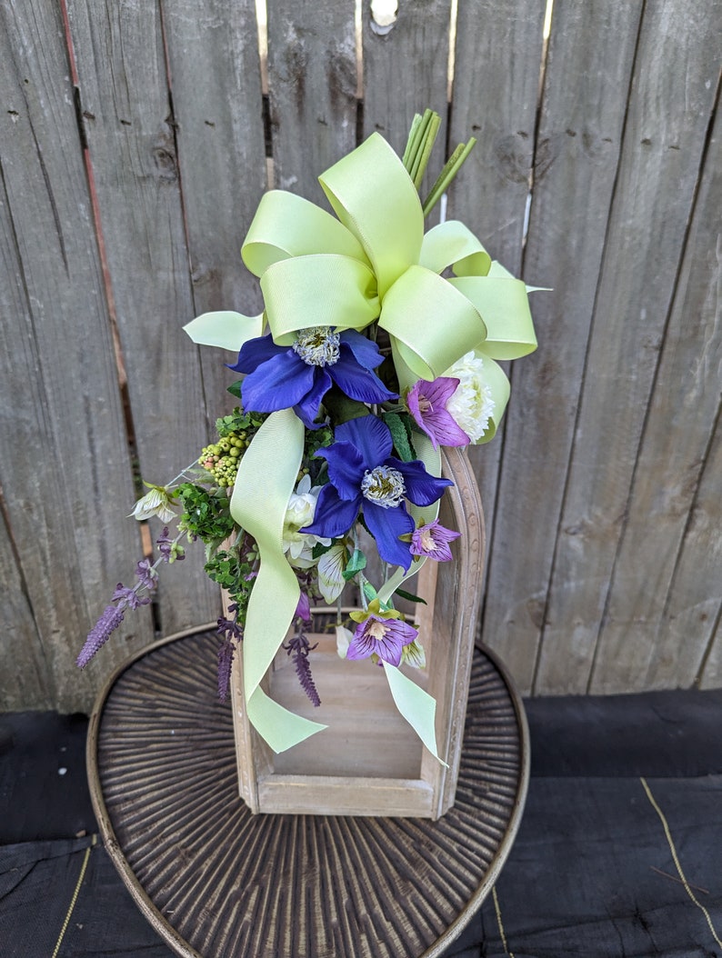 Spring Swag, Mini Swag, Bright Green Bow with Clematis, Swag for chair back, Purple Swag, Aisle Décor, Spring Wedding, Lantern Swag image 2