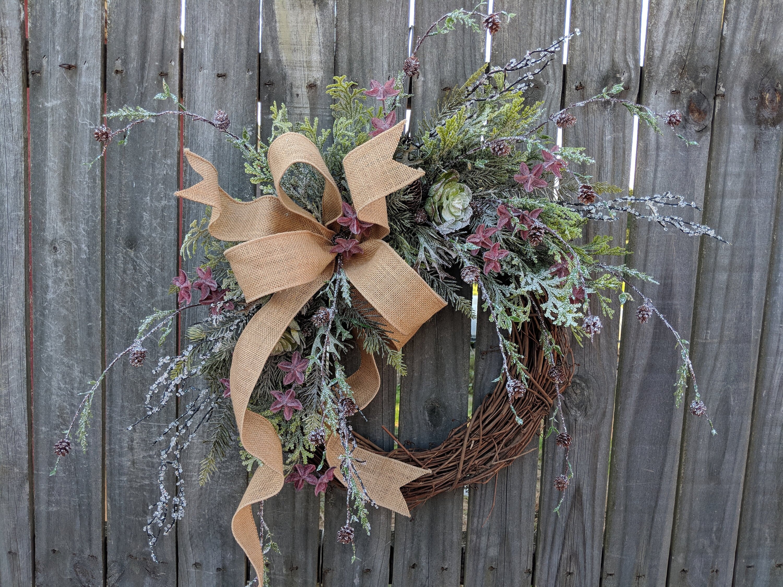 Christmas Winter Succulent Wreath Burlap Frosted Succulent Christmas Wreath All Winter Long Door Wreath Christmas Door Wreath Wedding