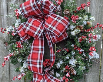 Christmas Wreath, Snowman Decor Cozy Plaid Christmas Wreath, Black Red Plaid Natural  Christmas wreath, Snowman Wreath, Christmas Door 290