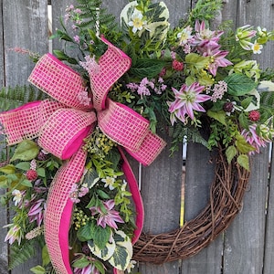 Spring Wreath, Spring Summer Wreath, Bright Pink and Foliage Wreath, Front Door Wreath, Mothers Day Gift, Wreath for Spring, Wreath 389