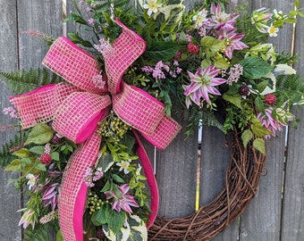 Spring Wreath, Spring Summer Wreath, Bright Pink and Foliage Wreath, Front Door Wreath, Mothers Day Gift, Wreath for Spring, Wreath 389