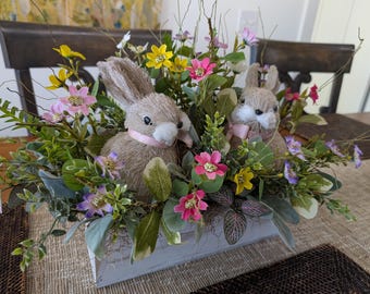 Easter Planter Box, Bunnies Centerpiece, Spring Easter Table Arrangement, Easter Bunny Rabbit Planter Arrangement, Rectangle, 12" Container