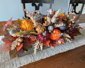 Fall Centerpiece, Crate Arrangement for Autumn, Rustic Centerpieces, Pumpkin and Gourd Arrangement with Fall Leaves, Halloween Thanksgiving
