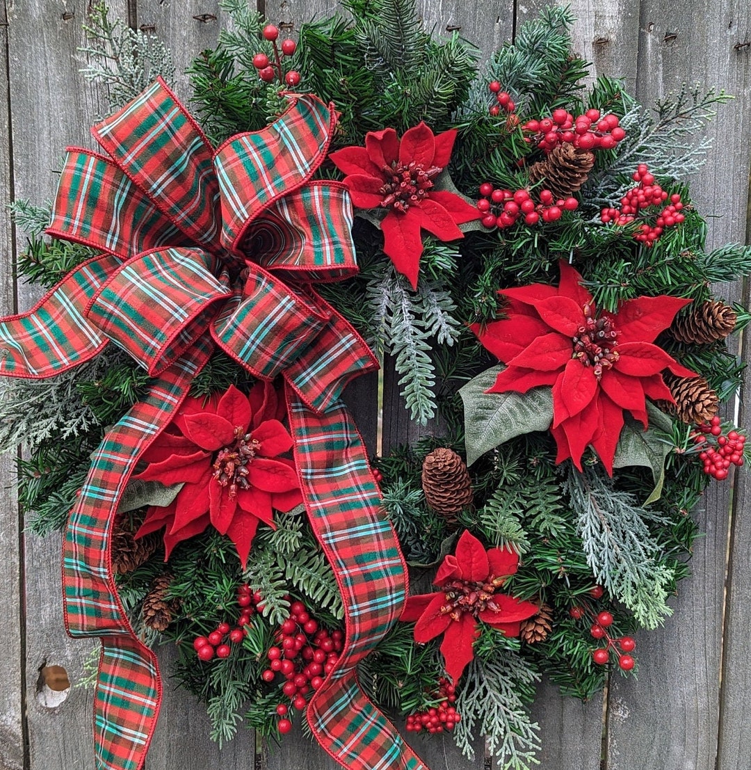 Poinsettia Christmas Wreath, Plaid Bow, Holiday Door Decor 367 - Etsy