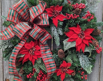 Christmas Wreath, Holiday Wreath, Limited Edition Poinsettia and Plaid Wreath, Poinsettia Wreath, Plaid Door Wreath 367