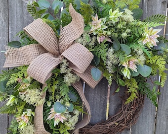 Door Wreath, Year Round Wreath, Greenery Wreath, Fern Wreath,  Deluxe Artificial, Blush Pink, Front Door Wreath, Spring, Summer Wreath 382