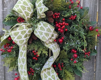 Christmas Wreath, READY TO SHIP Unique Christmas Tree, Juniper and Pine Wreath, Wild Berries, Front Door Wreath Apple Green 257sku