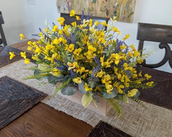 Lavender Forsythia Centerpiece, Rectangular Flower Crate Arrangement, Spring and Summer Centerpieces for table mantle, Yellow Bell crate 46*