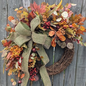 Fall Wreath, Fall Berry Wreath, Fall Leaf Wreath, Fall Green Bow Wreath, Berries Wheat Door Wreath 409