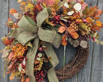 Fall Wreath, Fall Berry Wreath, Fall Leaf Wreath, Fall Green Bow Wreath, Berries Wheat Door Wreath 409