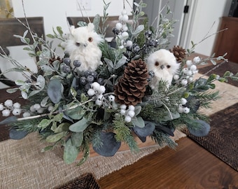 Winter Christmas Centerpiece, White Owl Artificial Floral Arrangement for Christmas, All Winter Long table mantle Woodland Critter Crate 27*