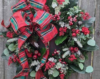Christmas Wreath, Holiday /Christmas Door Wreath, Traditional Christmas Wreath with Plaid Bow 364*